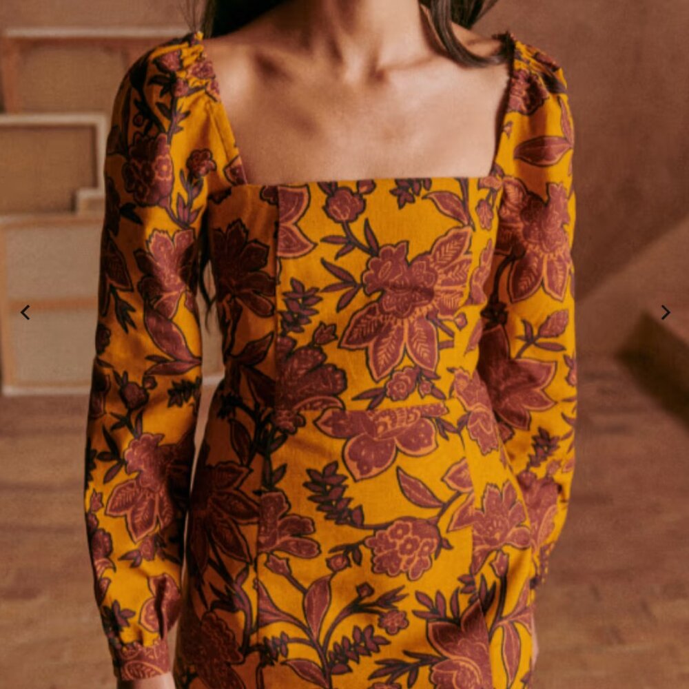 Carola Dress  Flowers on ochre background
